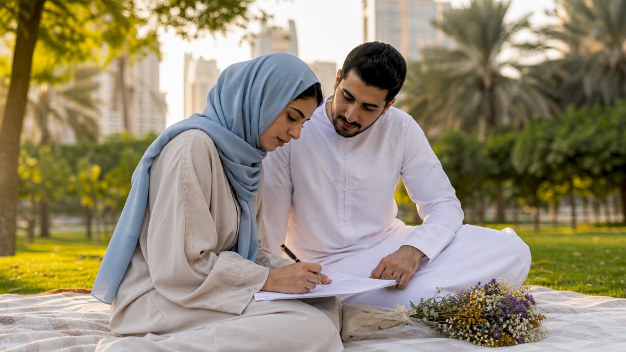 Middle-Eastern couple signing marriage registration documents
