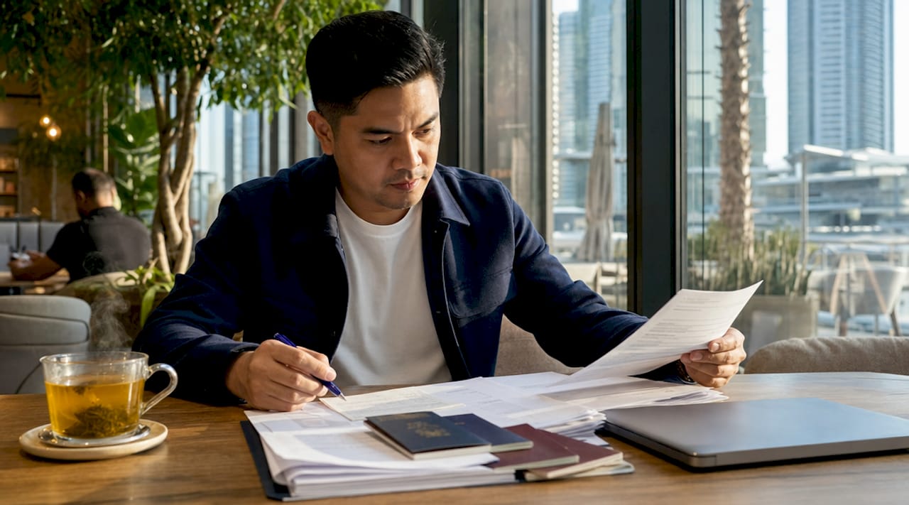 Filipino man reviewing visa documents at table