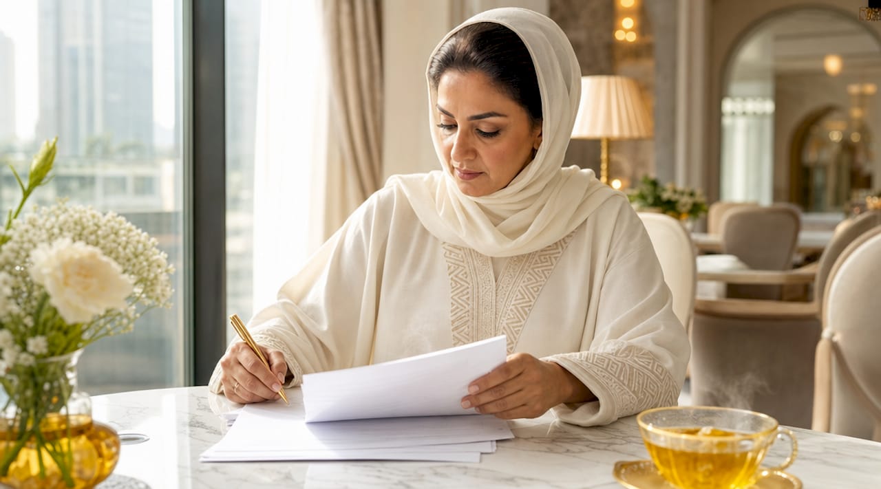 Woman reviewing UAE civil marriage documents at home