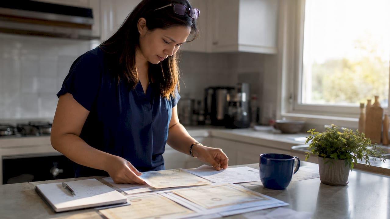 Filipino woman sorting apostille documents