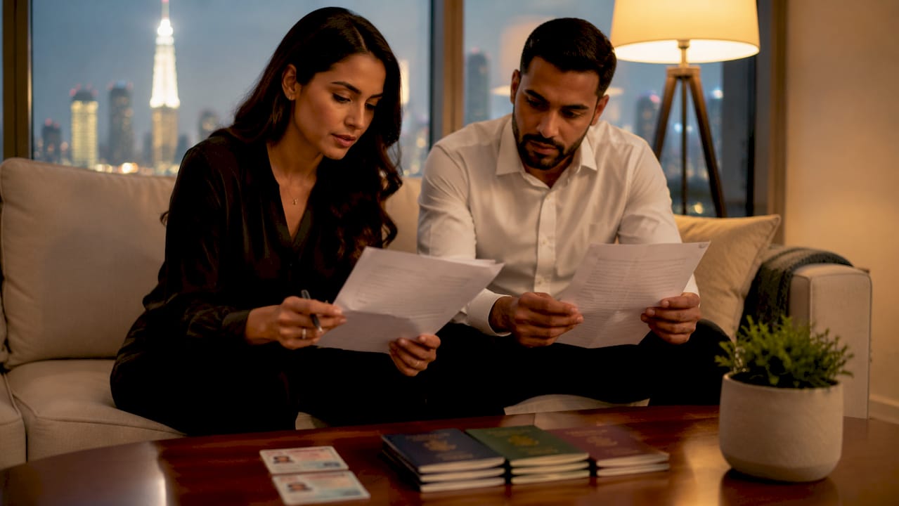Couple reviewing marriage registration documents at home