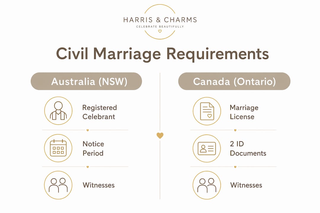 Infographic comparing civil marriage requirements Australia and Canada