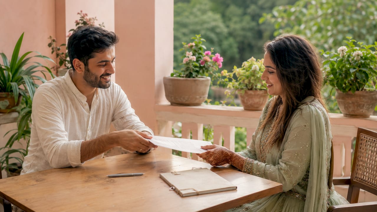 Hands exchanging Islamic marriage contract papers