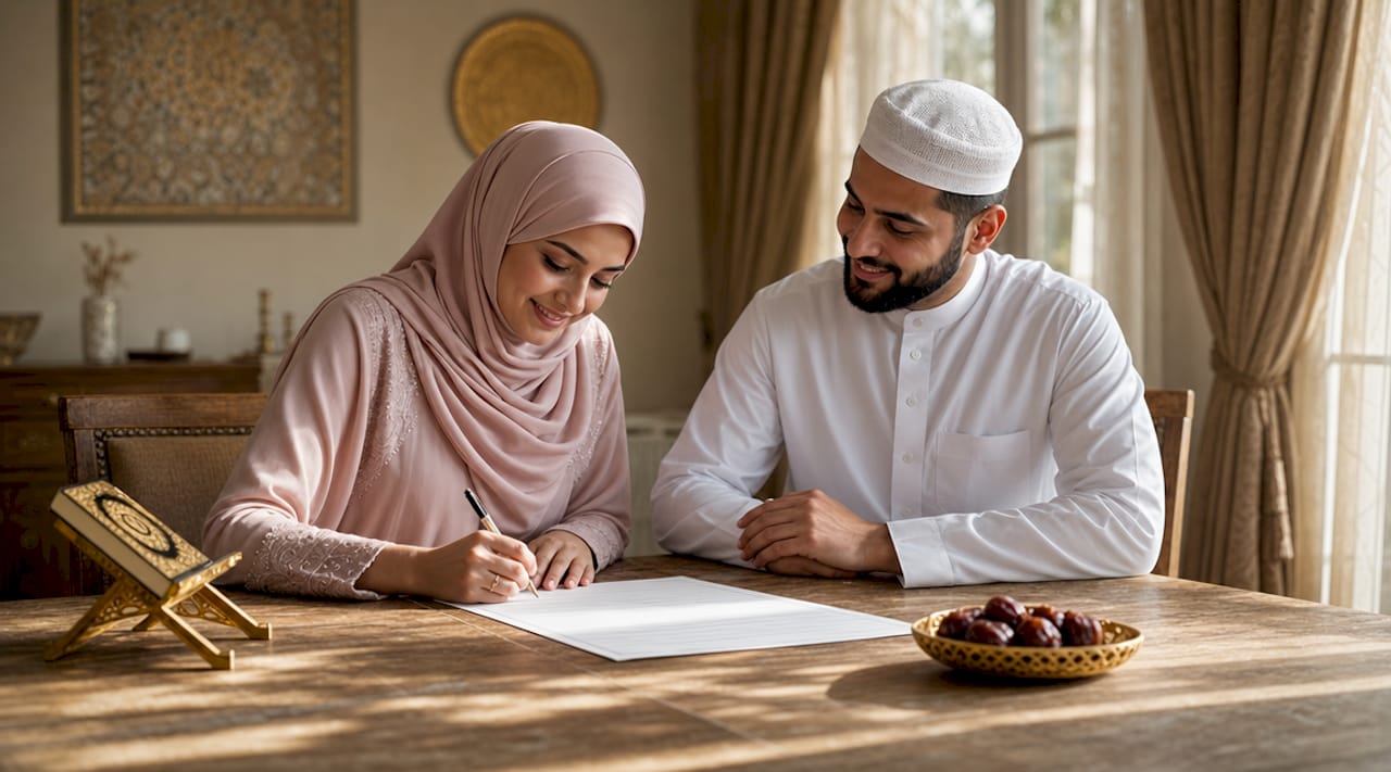 Muslim couple signing marriage contract at home