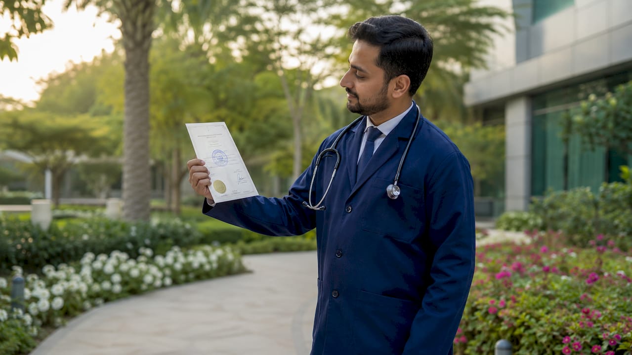 Doctor holding attested medical certificate with stamps