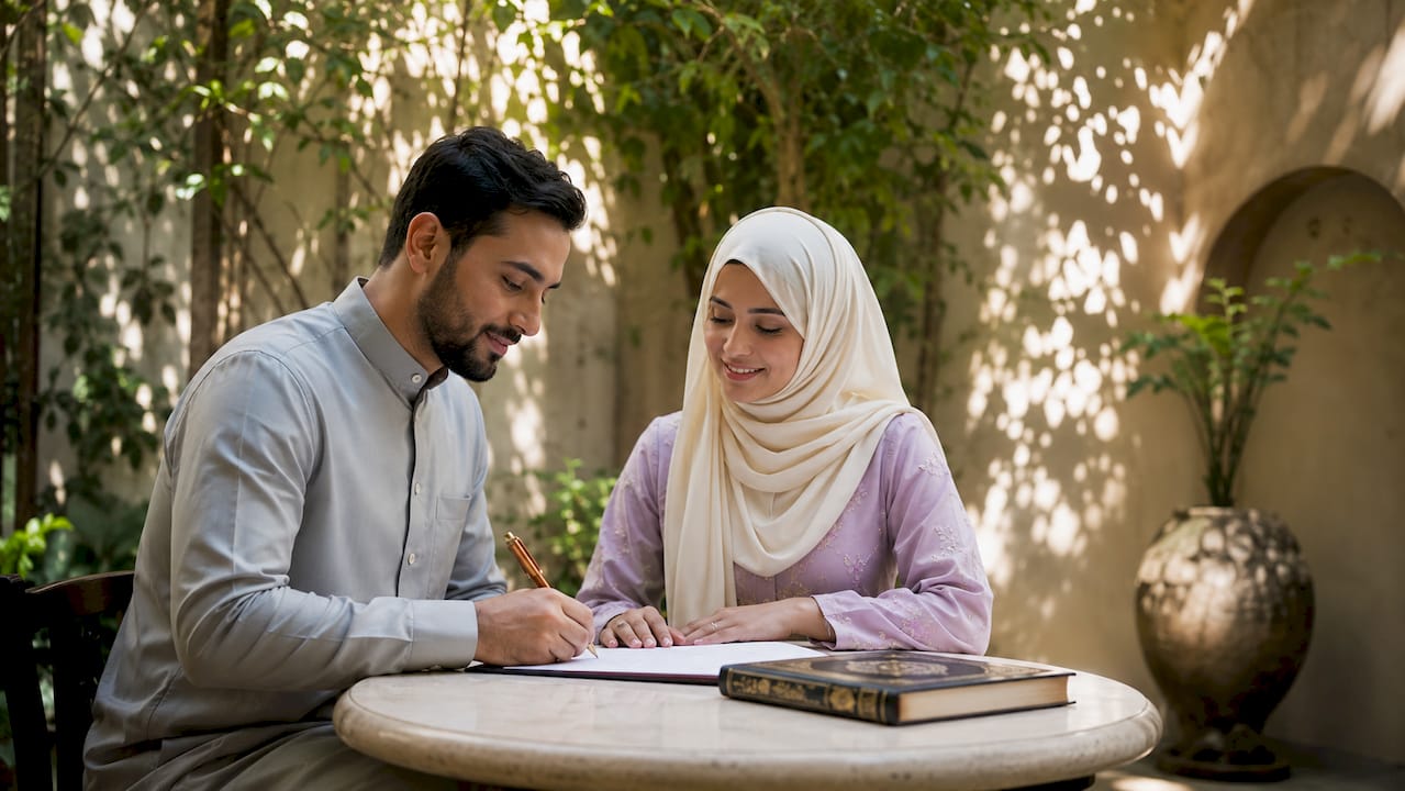 Muslim couple signing Islamic marriage contract