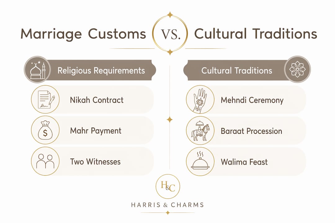 Infographic comparing Islamic marriage customs and cultural traditions