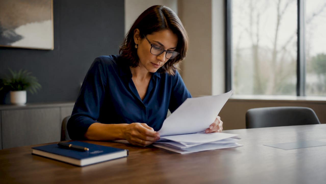 Woman reviewing document verification papers in office