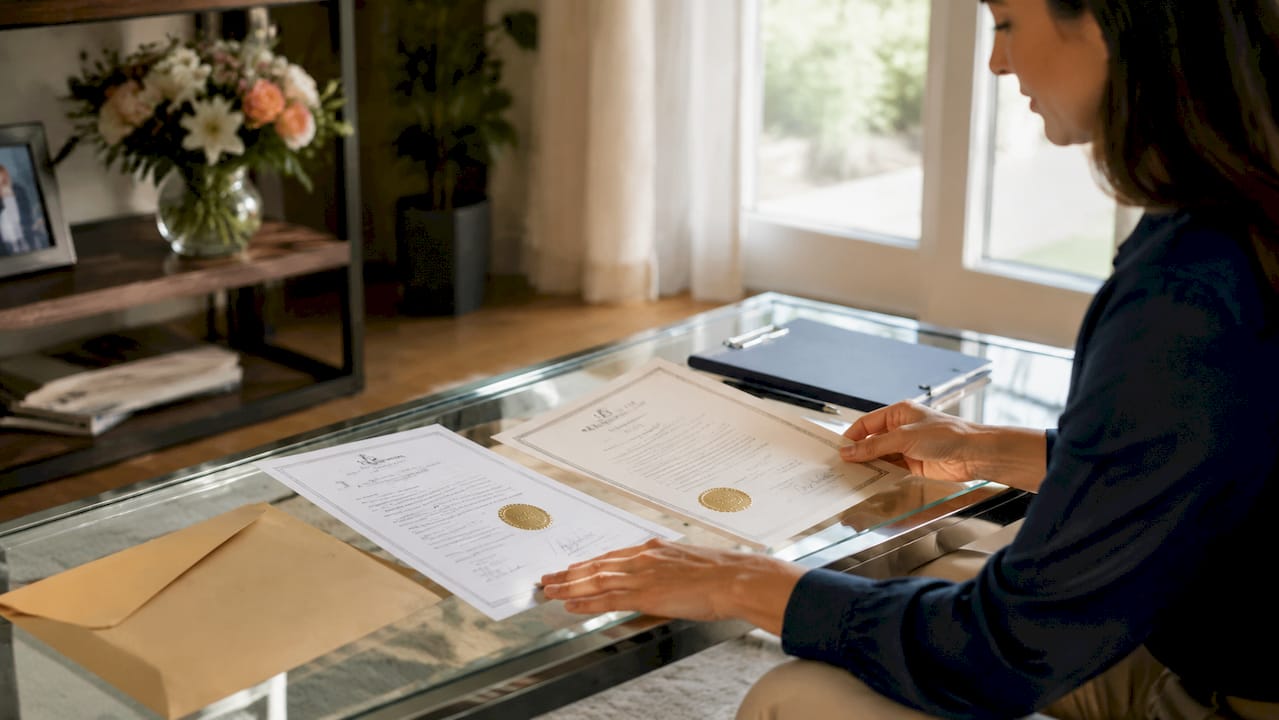 Hands arranging multi-step attestation documents overhead
