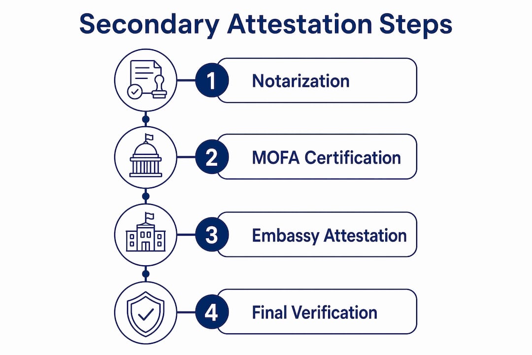 Infographic illustrating four steps of document secondary attestation