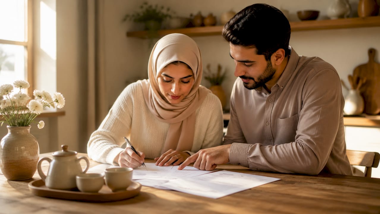 Couple reviewing marriage documents at table