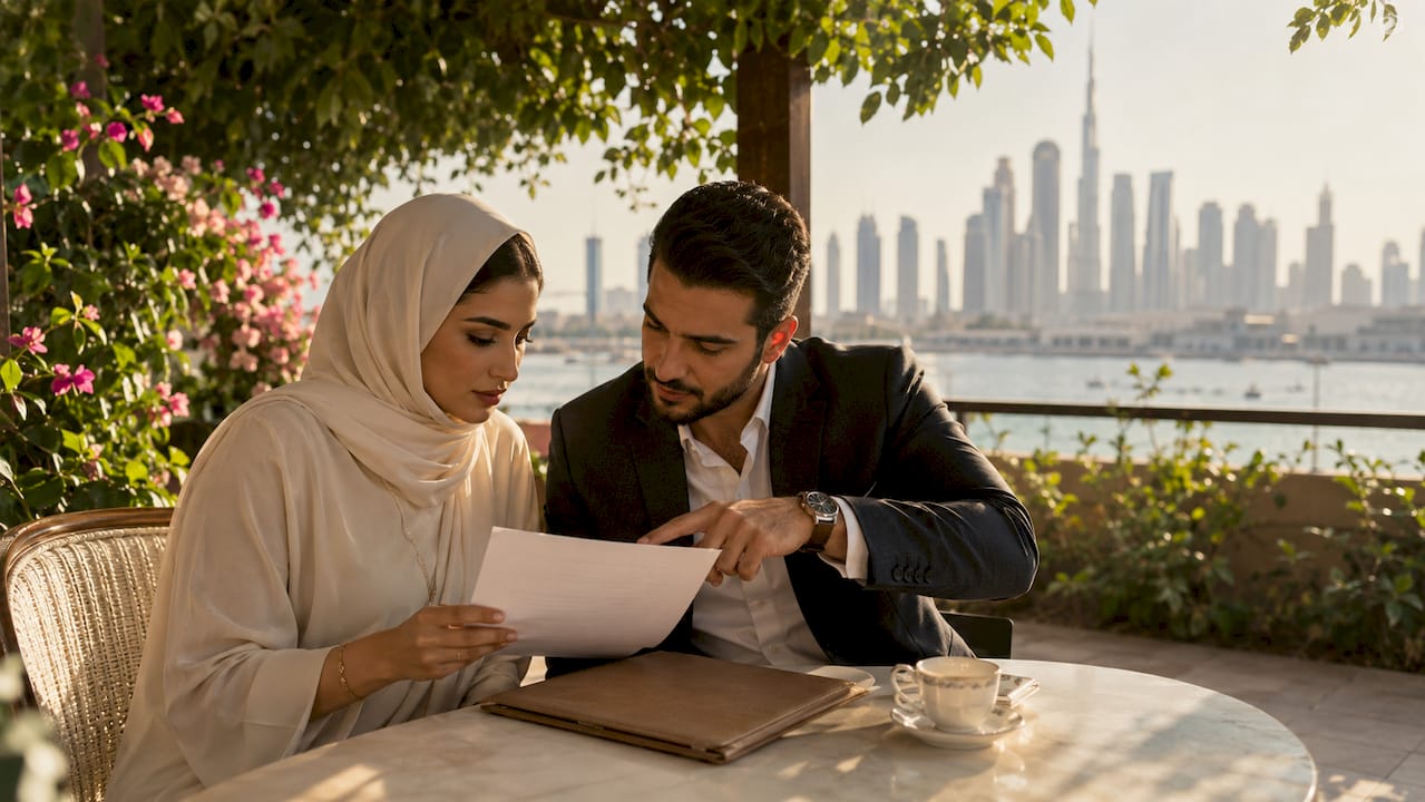 Expat couple reviewing marriage documents in UAE office