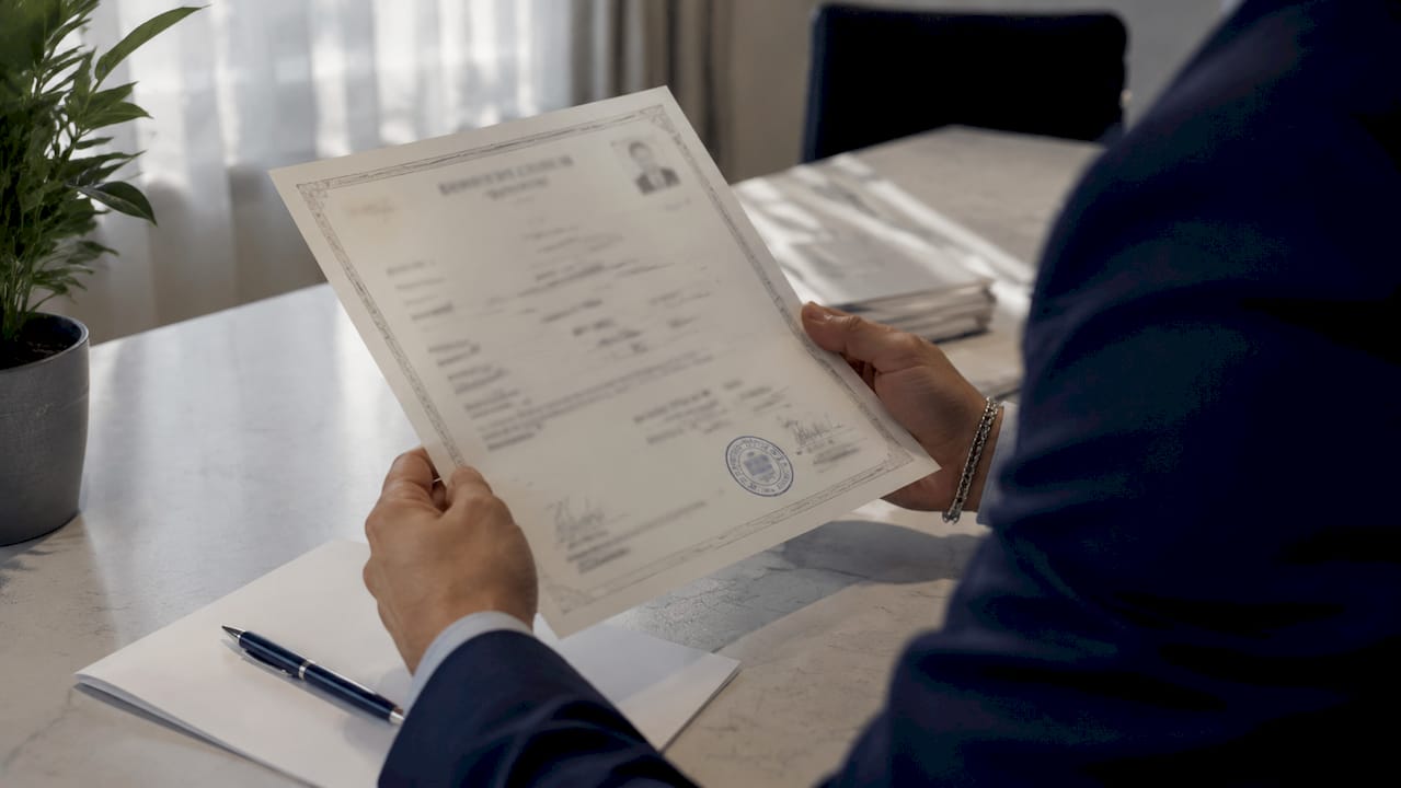 Hands holding attested school certificate with stamps