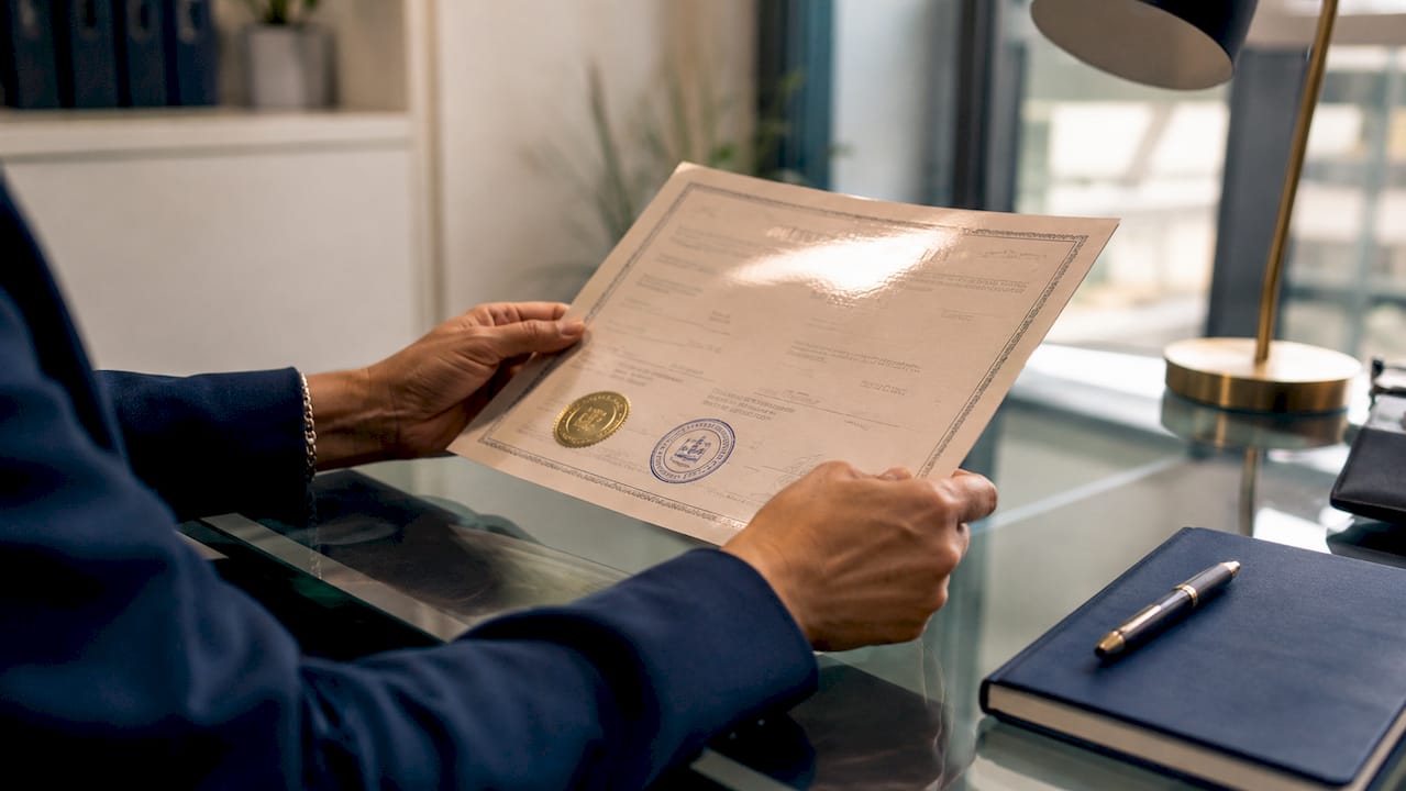 Hands holding authenticated adoption certificate close-up