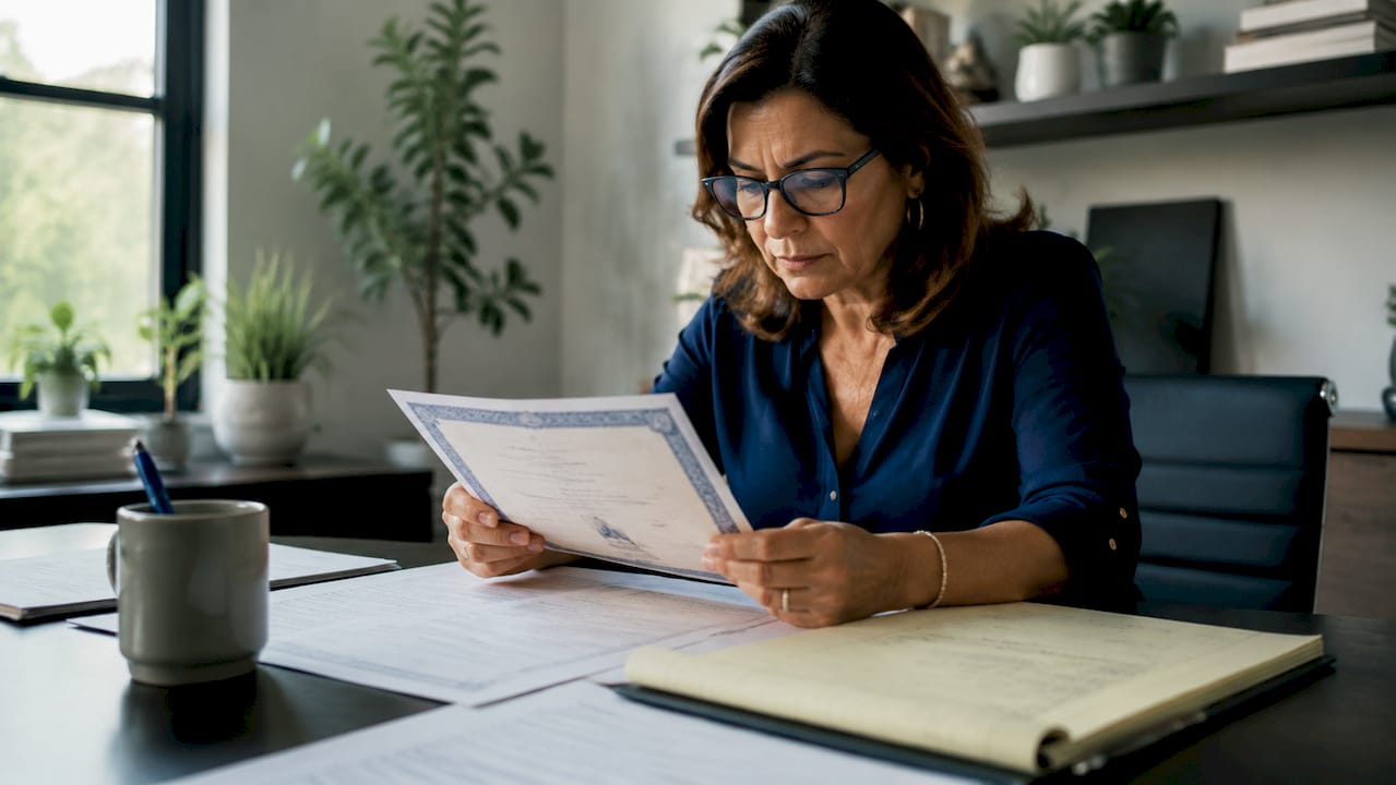 Woman reviewing attested adoption documents at desk