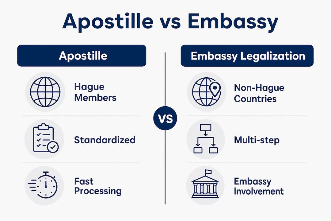 Infographic comparing apostille and embassy legalization