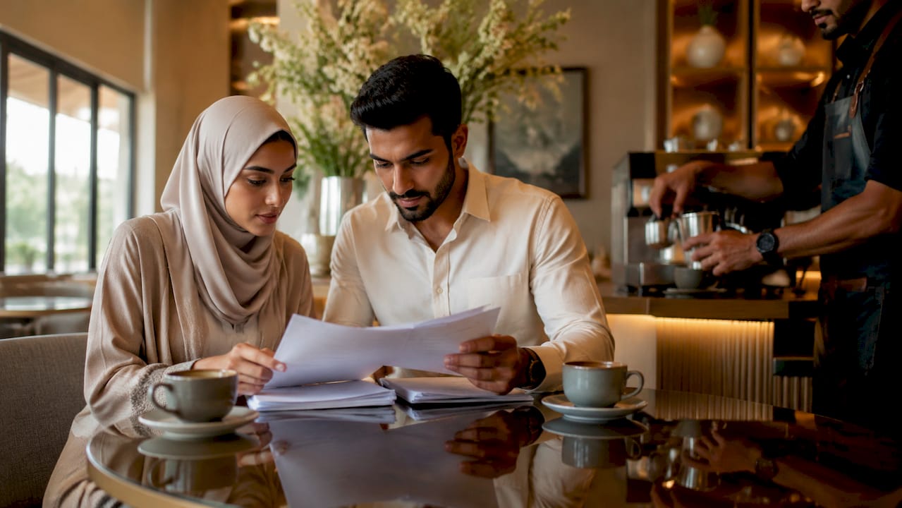 Couple reviewing civil marriage documents in UAE office