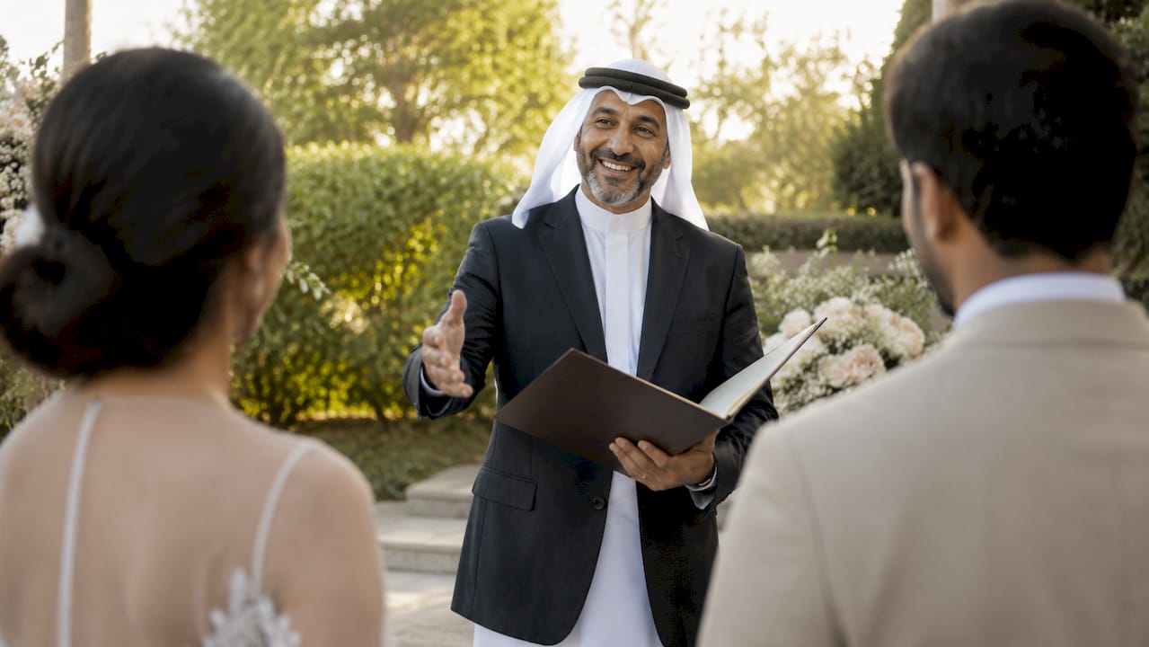UAE civil marriage officiant at ceremony podium