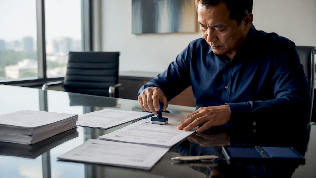 Notary public stamping Philippine documents indoors