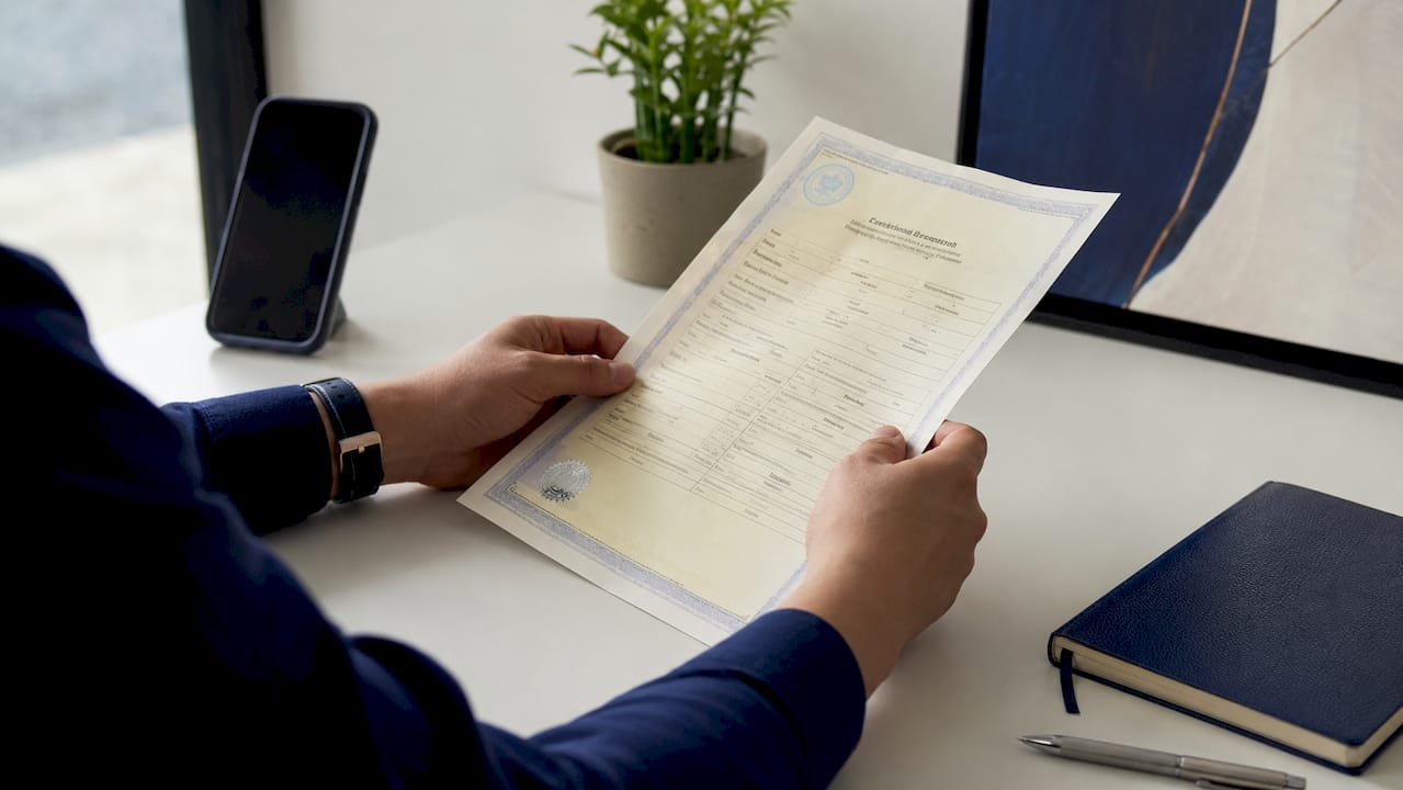 Hands holding birth certificate preparing for legalization