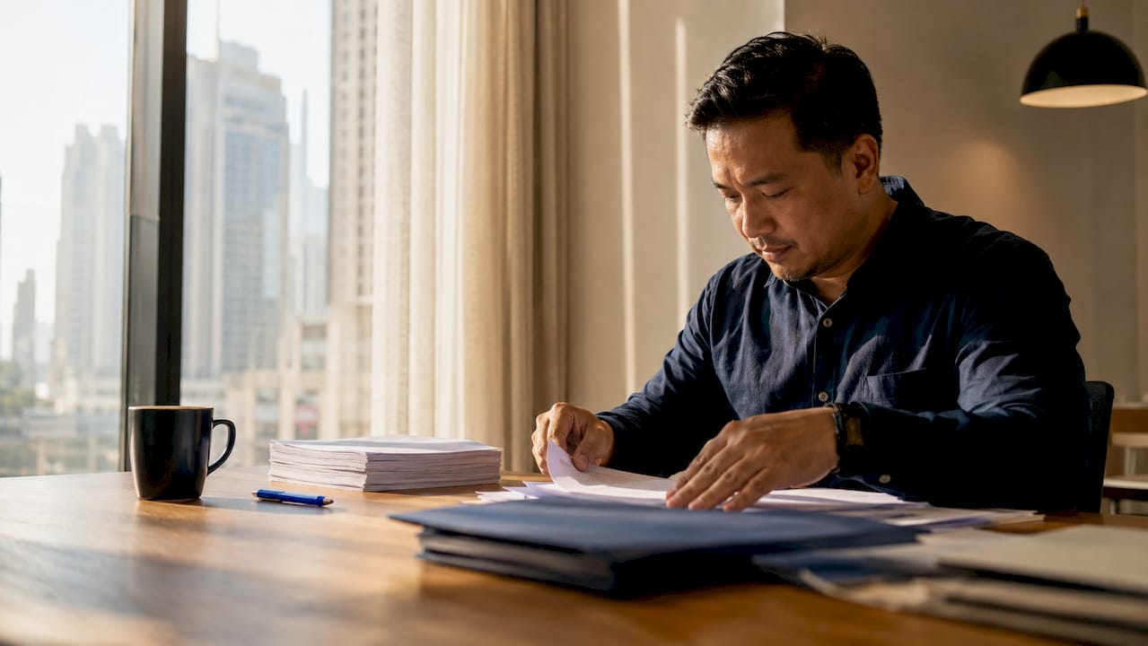 Filipino man sorting attestation documents at home office