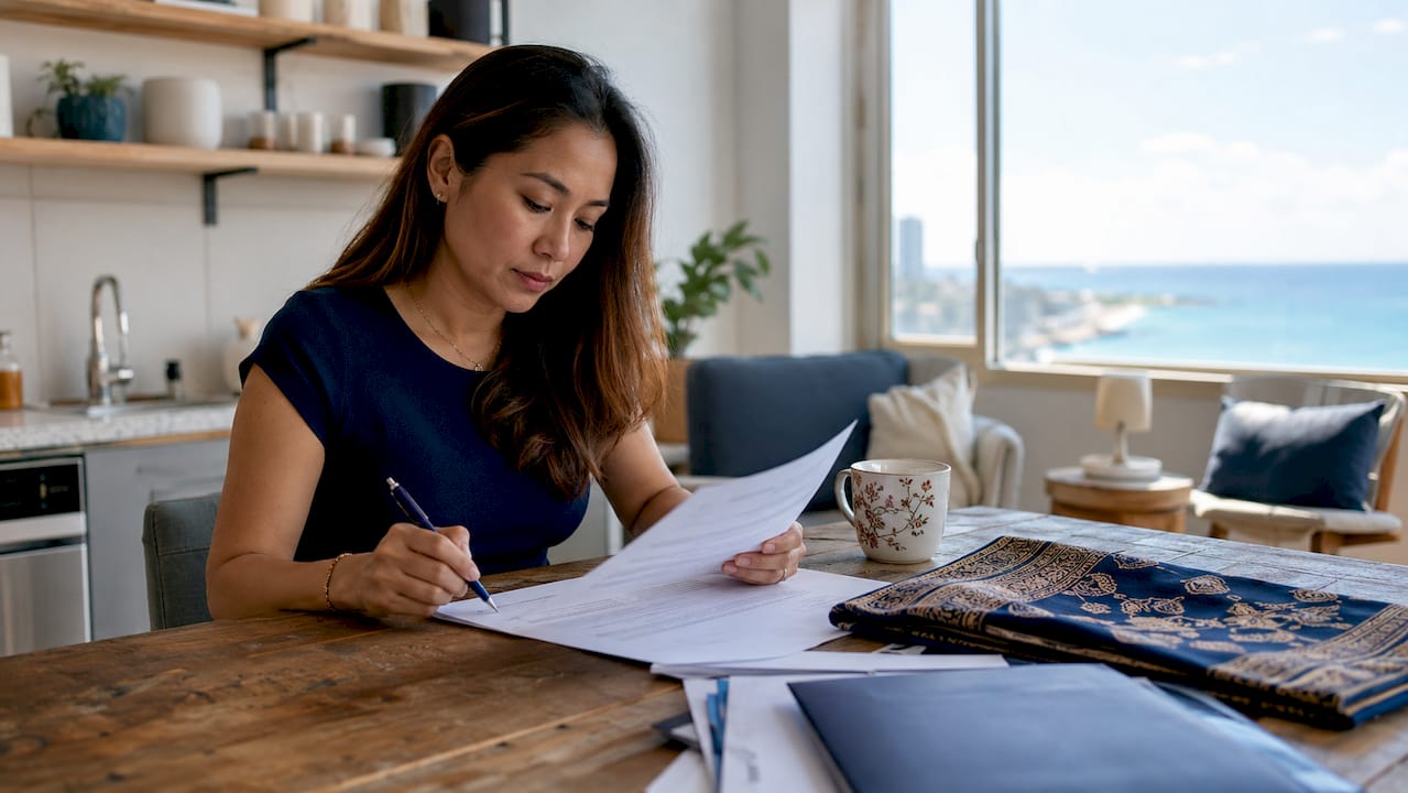 Filipino woman reviewing employment contract documents