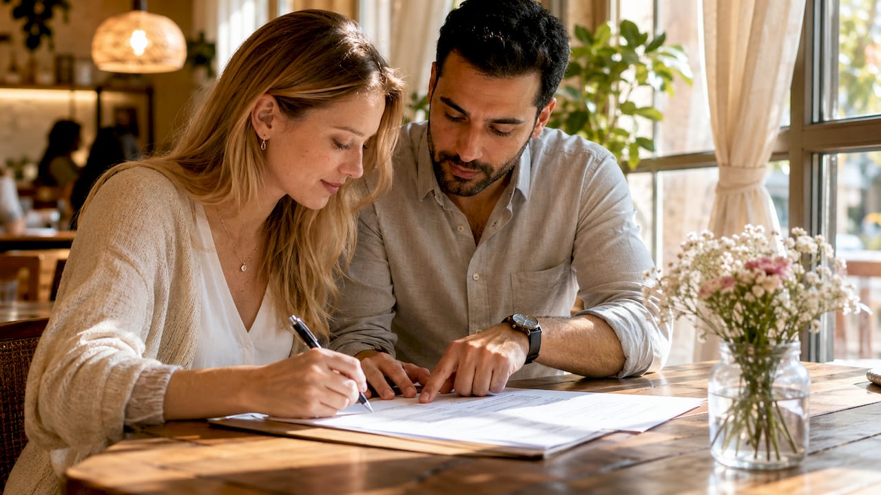 Expat couple reviewing marriage registration documents