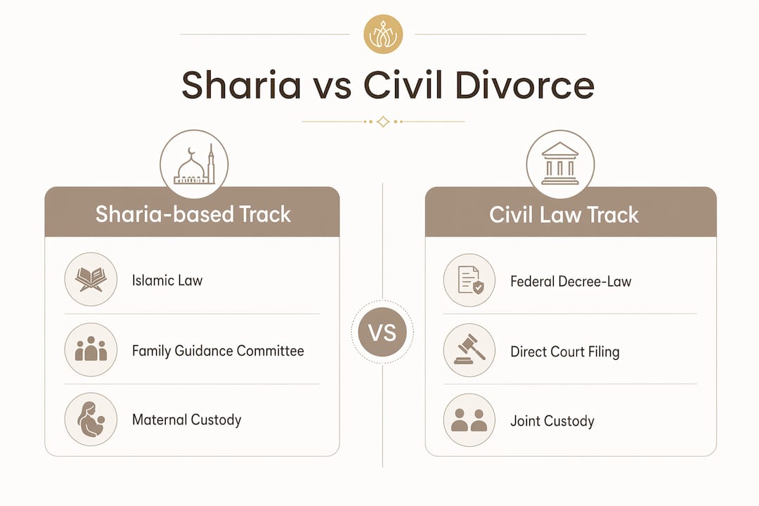 Infographic comparing Sharia and civil divorce tracks