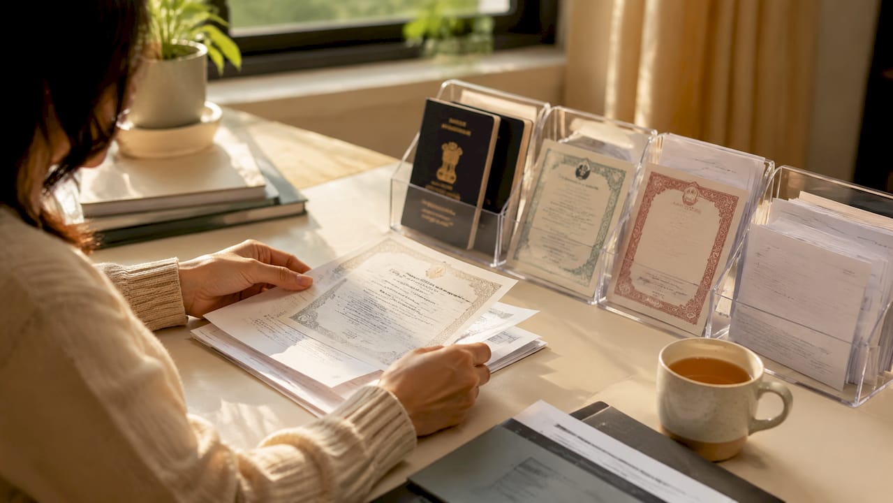 Hands organizing marriage documents on desk