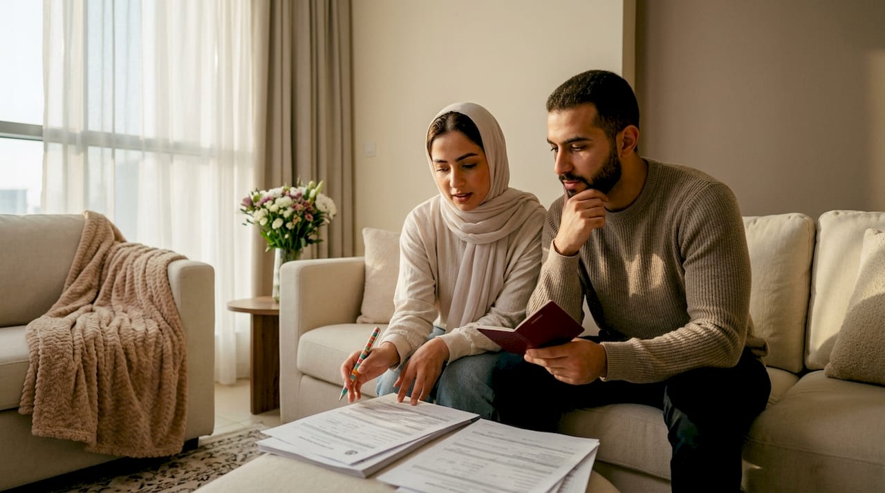 Couple reviewing marriage application papers