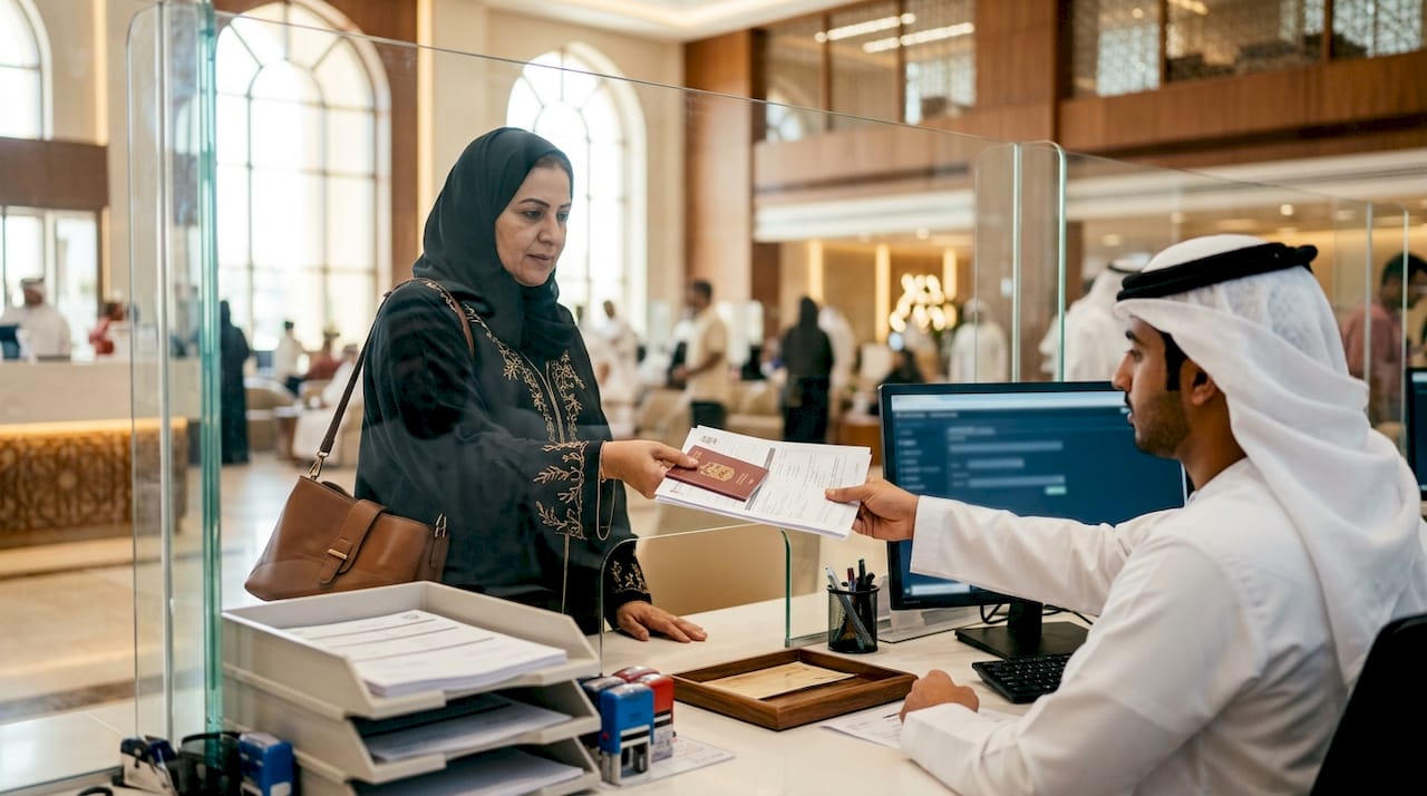 Woman submitting marriage documents at office