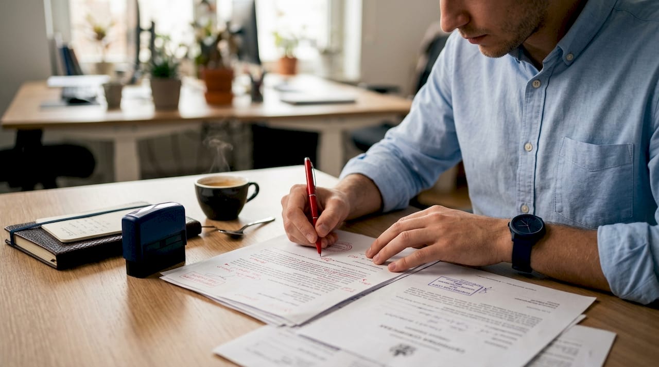 Hands correcting attestation documents with red pen