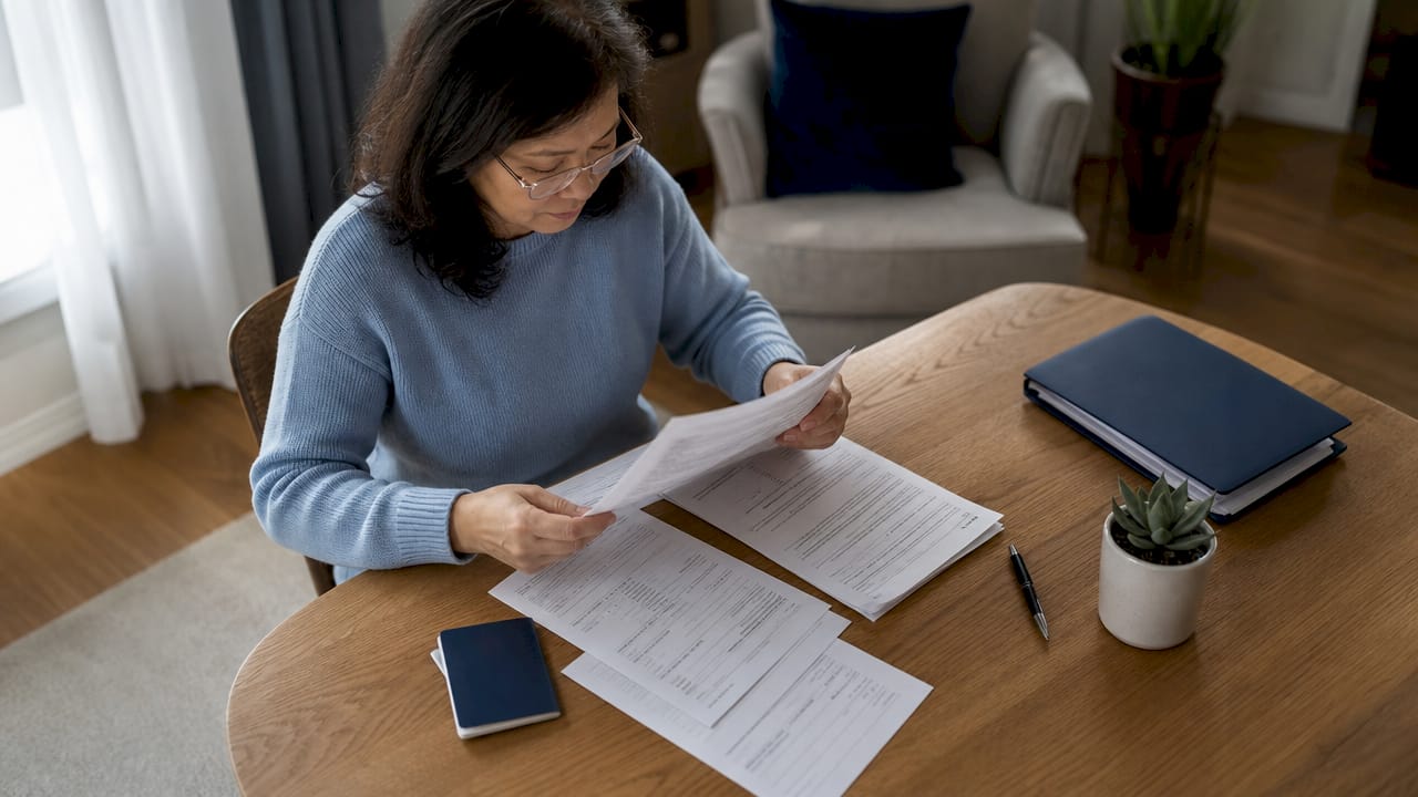 Expat woman reviewing attestation documents at home desk