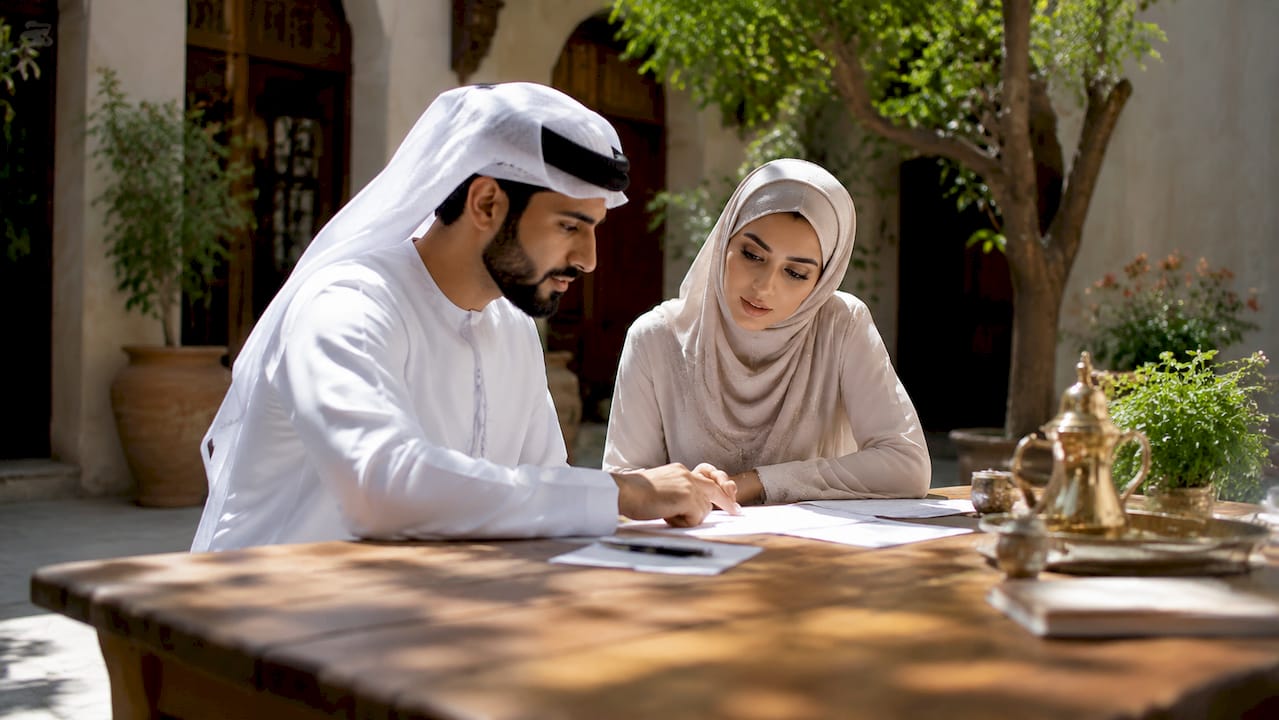 Emirati couple reviewing nikah documents together