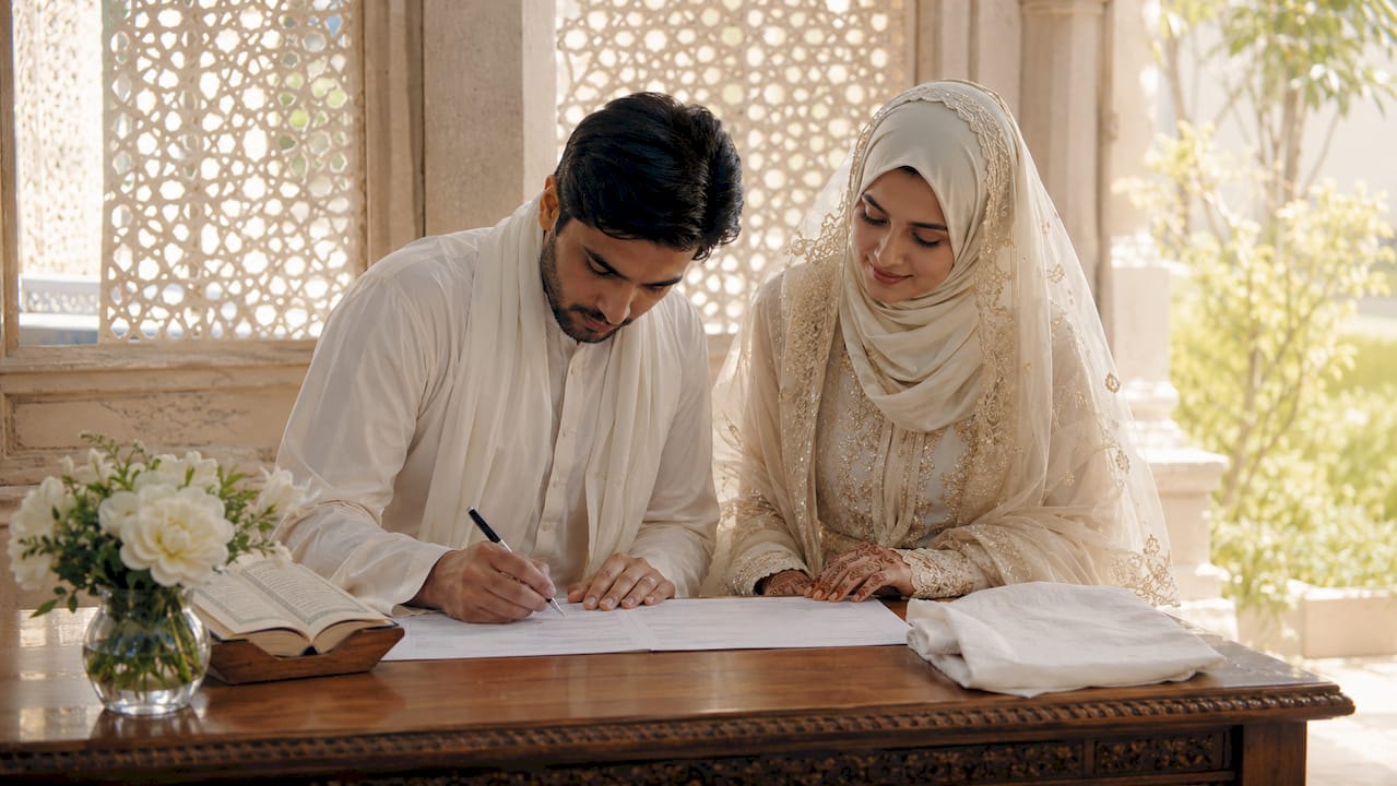 Couple hands signing nikah contract