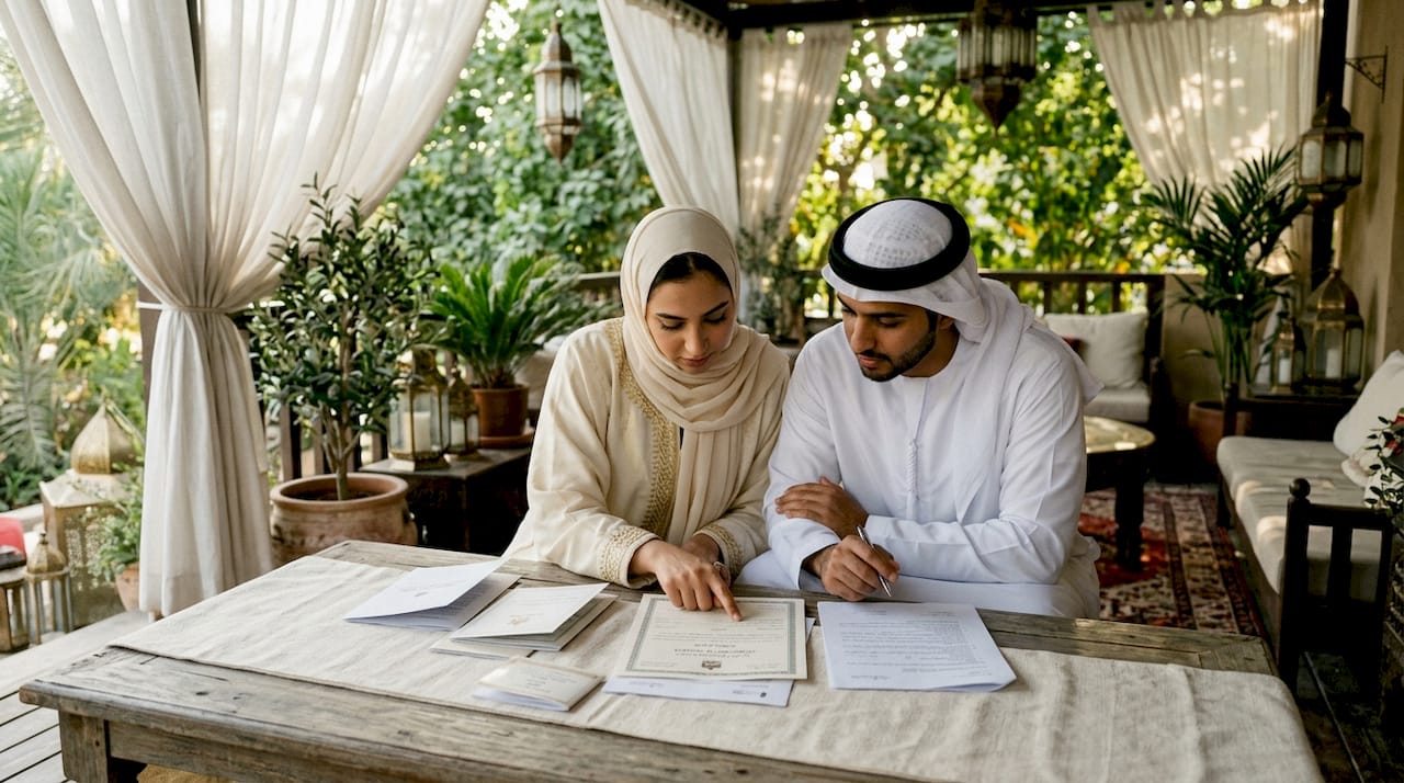 Couple signing Islamic marriage documents