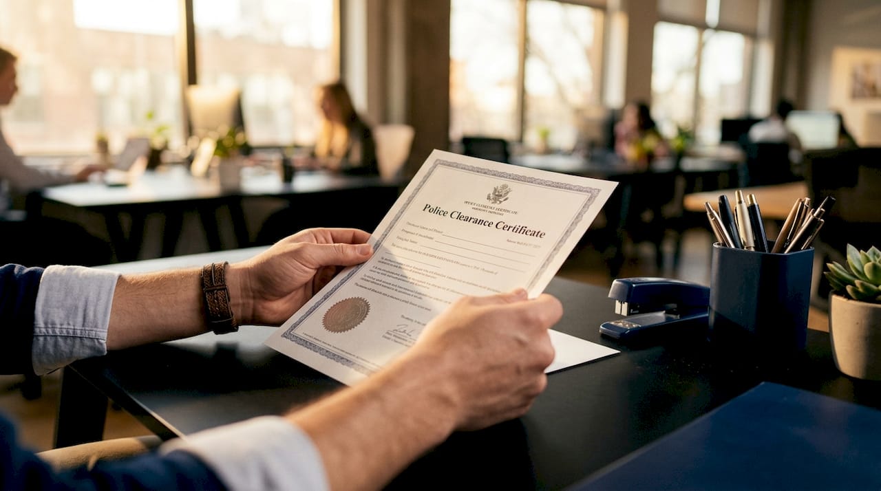 Close-up of hands holding police clearance certificate