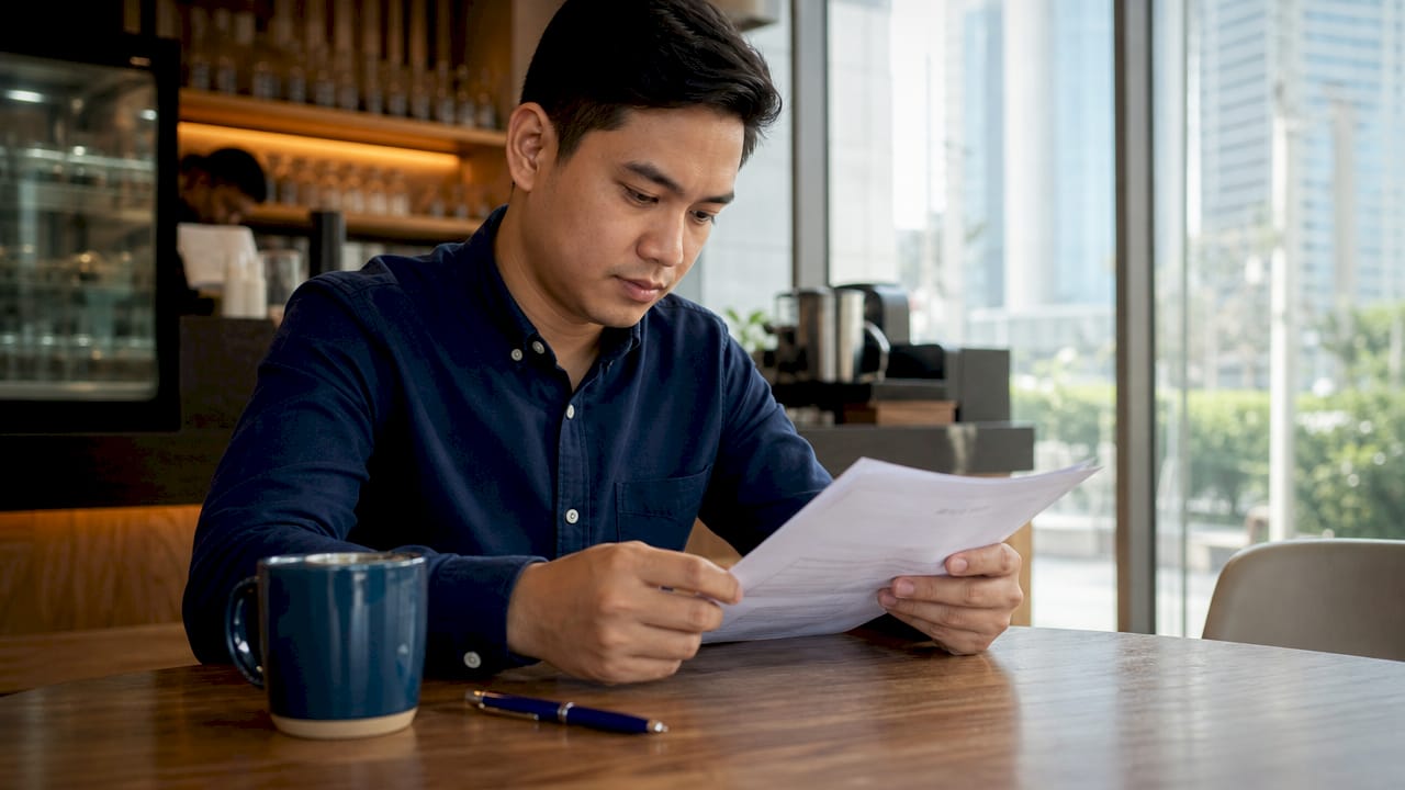 Filipino man reviewing police clearance documents at home