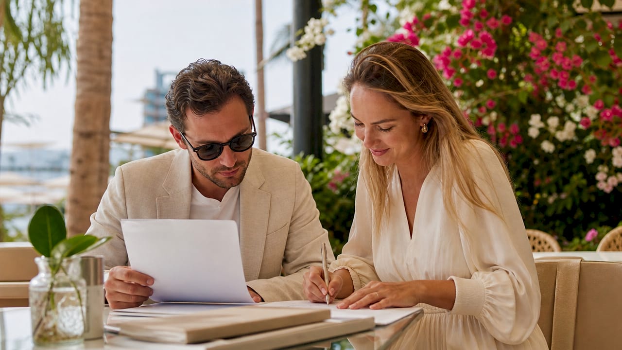Couple reviewing court marriage documents in UAE