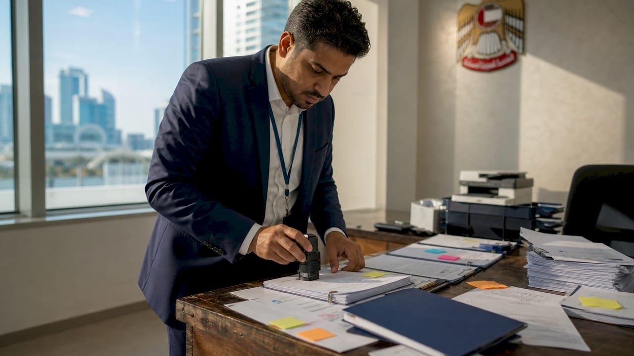 Hands stamping documents at UAE MoFA center