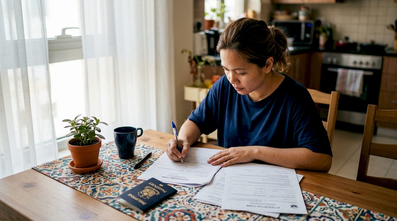 Filipino expat filling attestation forms at home