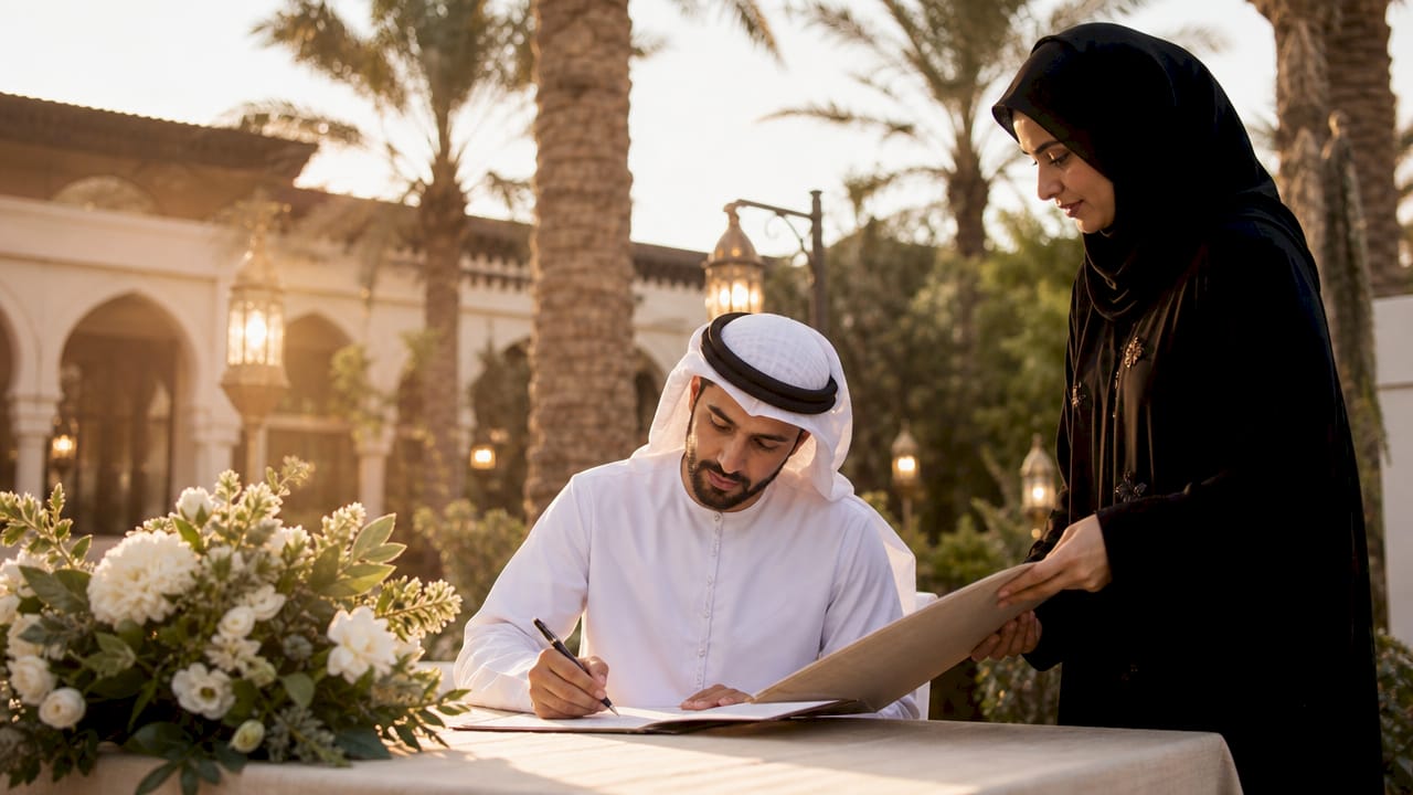 Groom signing marriage documents at Abu Dhabi wedding