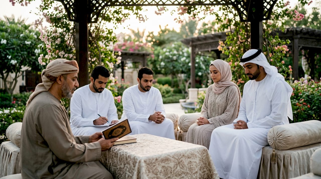 Nikah ceremony in Abu Dhabi mosque with couple and imam