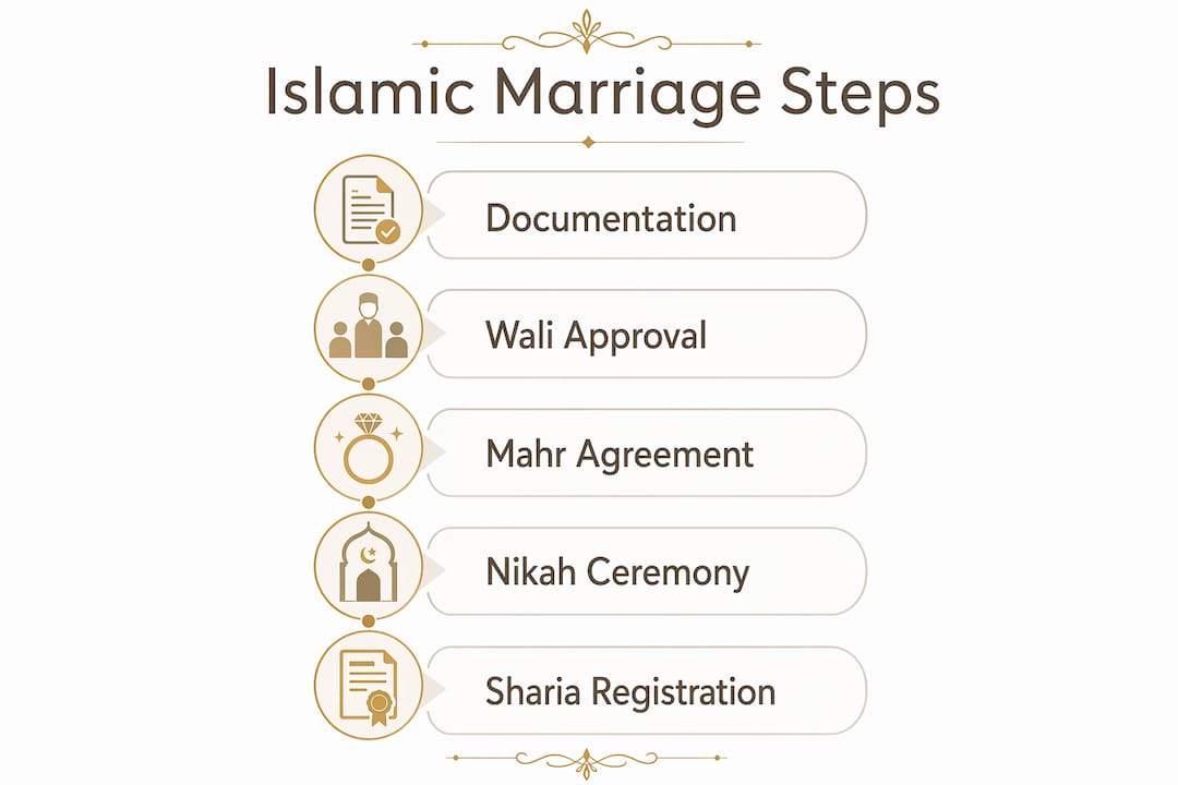 Infographic outlining Islamic marriage registration steps in Abu Dhabi