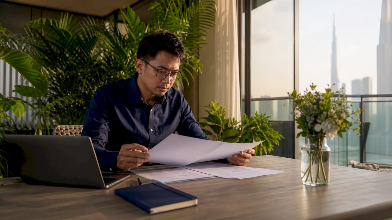 Filipino expat reviewing UAE legal documents at home