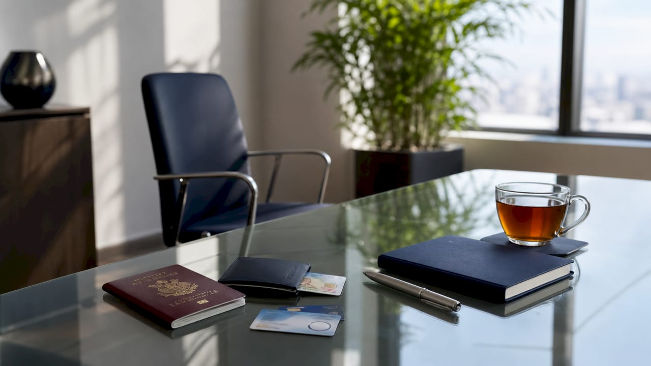 Close-up of key UAE expat legal documents on desk