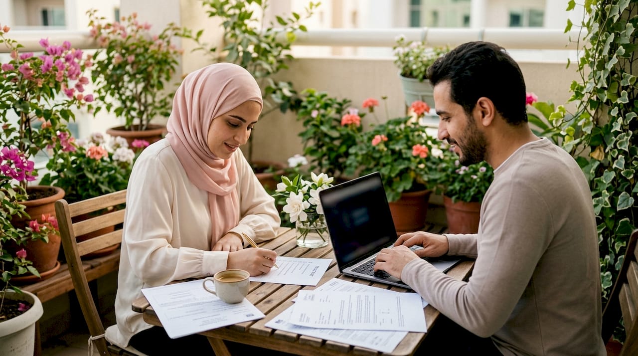 Couple reviewing wedding legal documents at home table