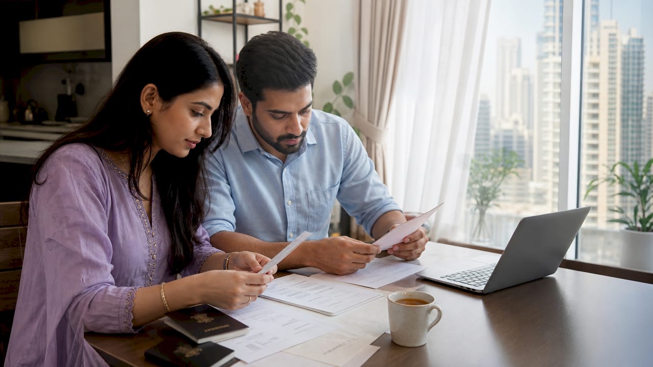 Indian couple reviewing marriage paperwork in UAE