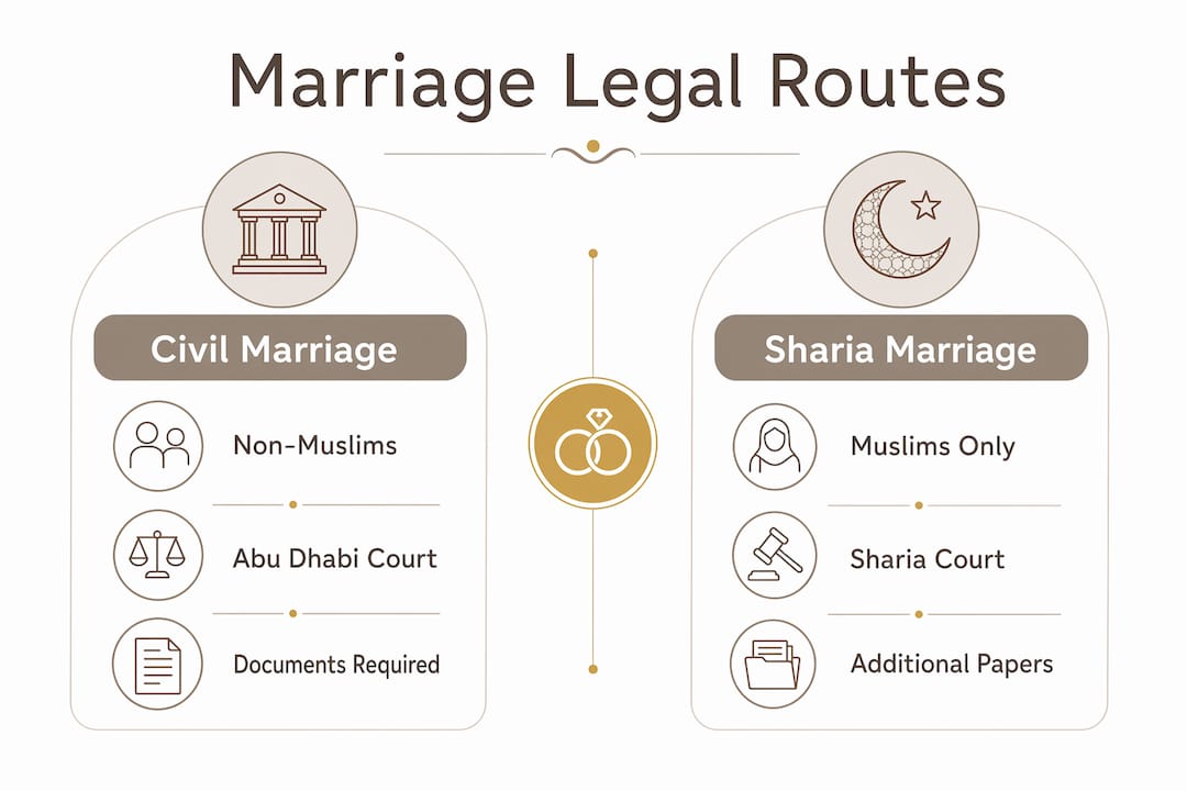 Infographic comparing civil and Sharia marriage routes in UAE