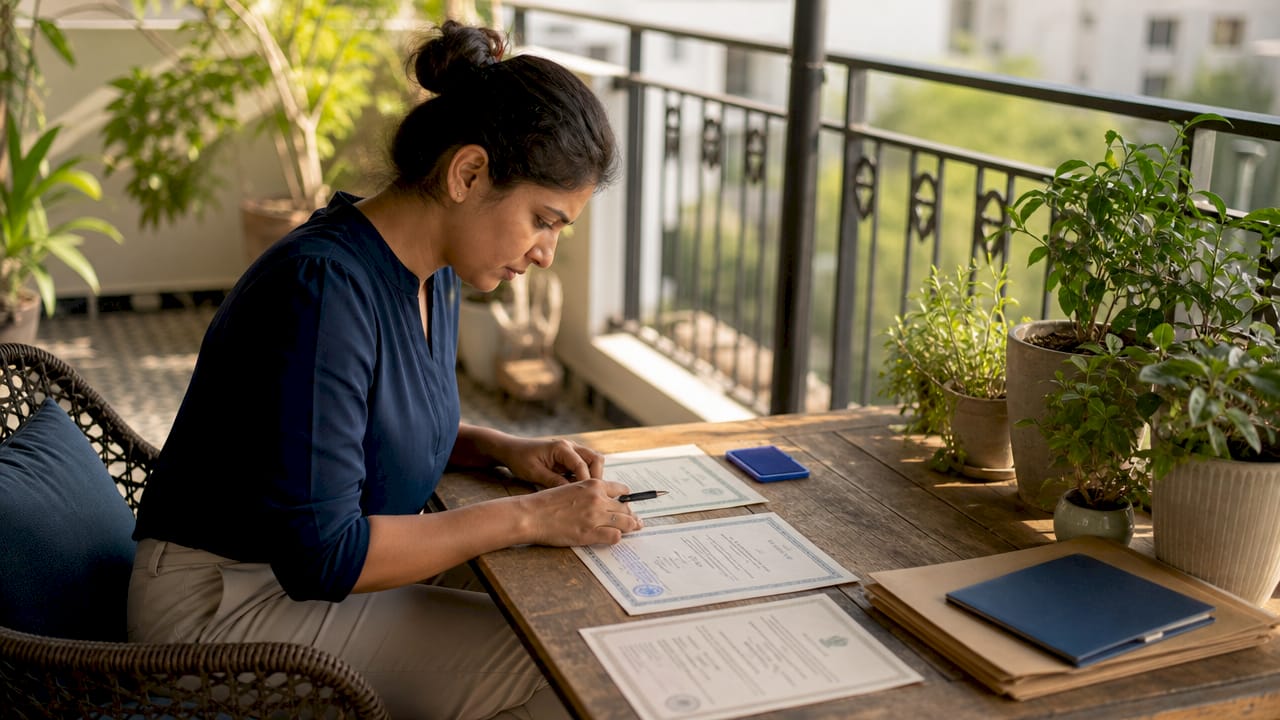 Hands arranging personal attested documents on table